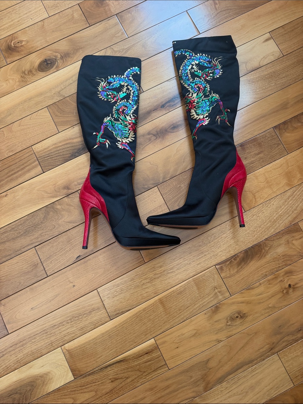 Black Knee-High Dragon Embroidered Boots with Red Stiletto Heel